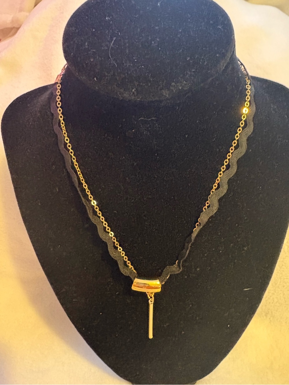 Gold Tone Bar Pendant Necklace with Black Ribbon
